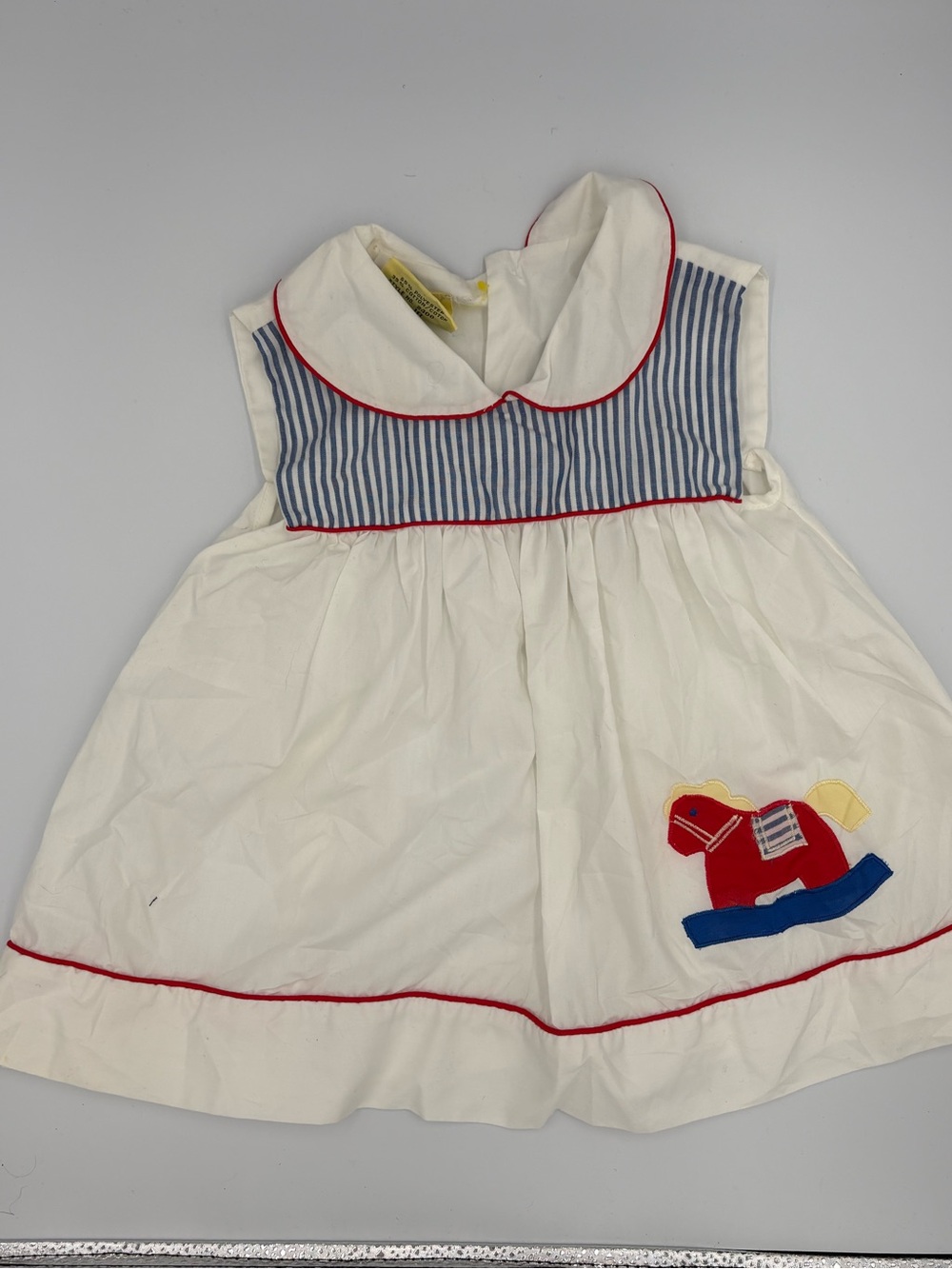 Vintage White Baby Dress with Blue Stripes and Red Trim